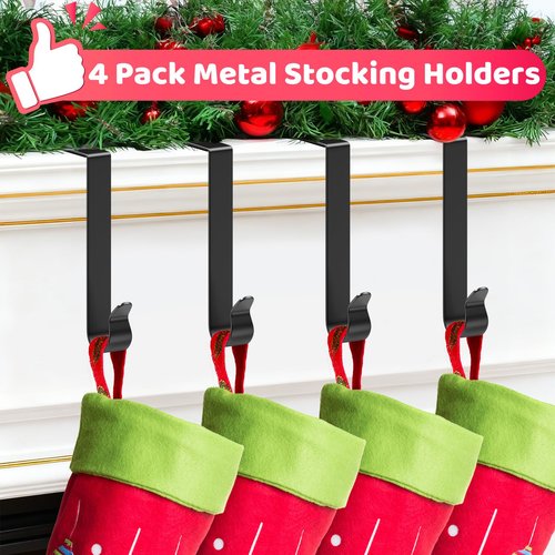 SPSHENG Christmas Stocking Holders for Mantle, Stocking Holders for Mantle Set 4, Fireplace Stocking Hangers for Tickness Mantel, Metal Hooks Garland Hanger for Christmas Party Home Decoration-Black
