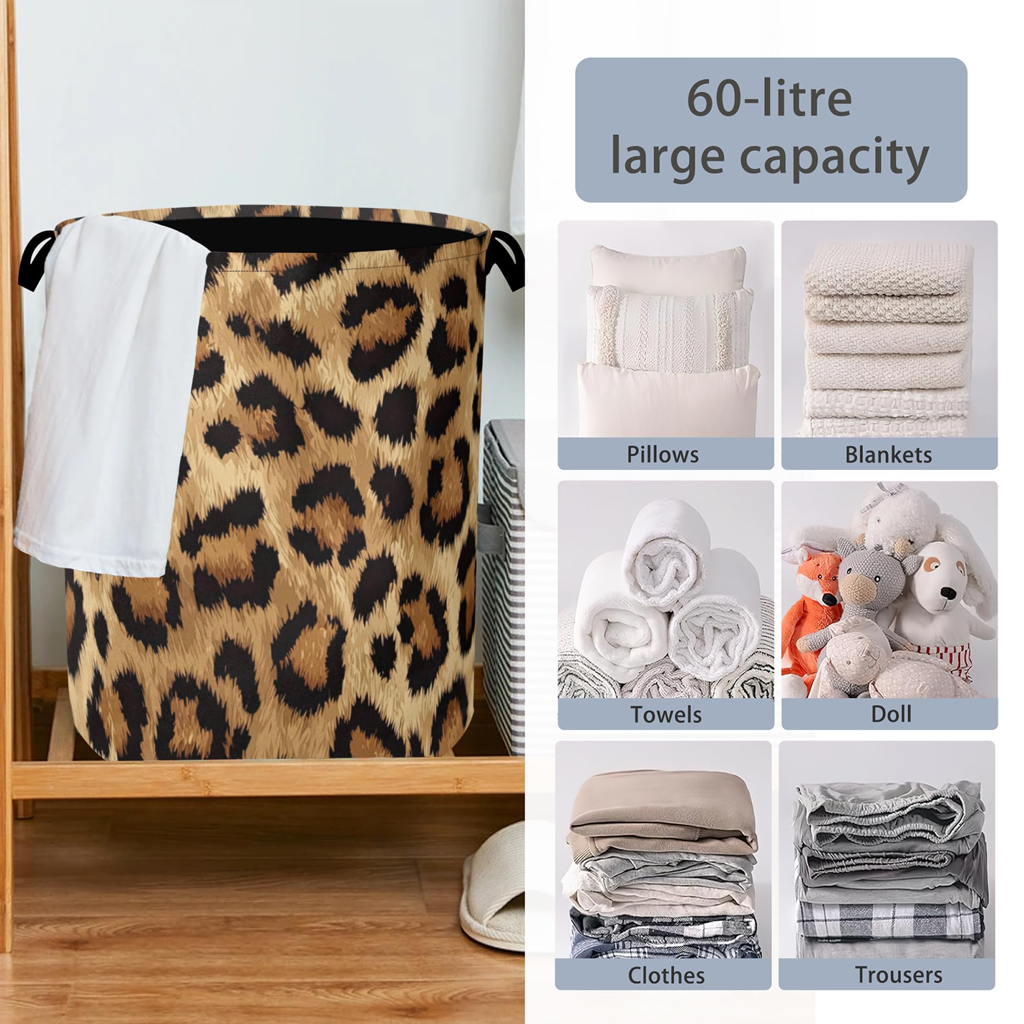 Brown Leopard Laundry Basket,Foldable with Handles Tote Bag Oxford Cloth for Bathroom Bedroom Dirty Clothes Storage Bucket 16" x 20.8"