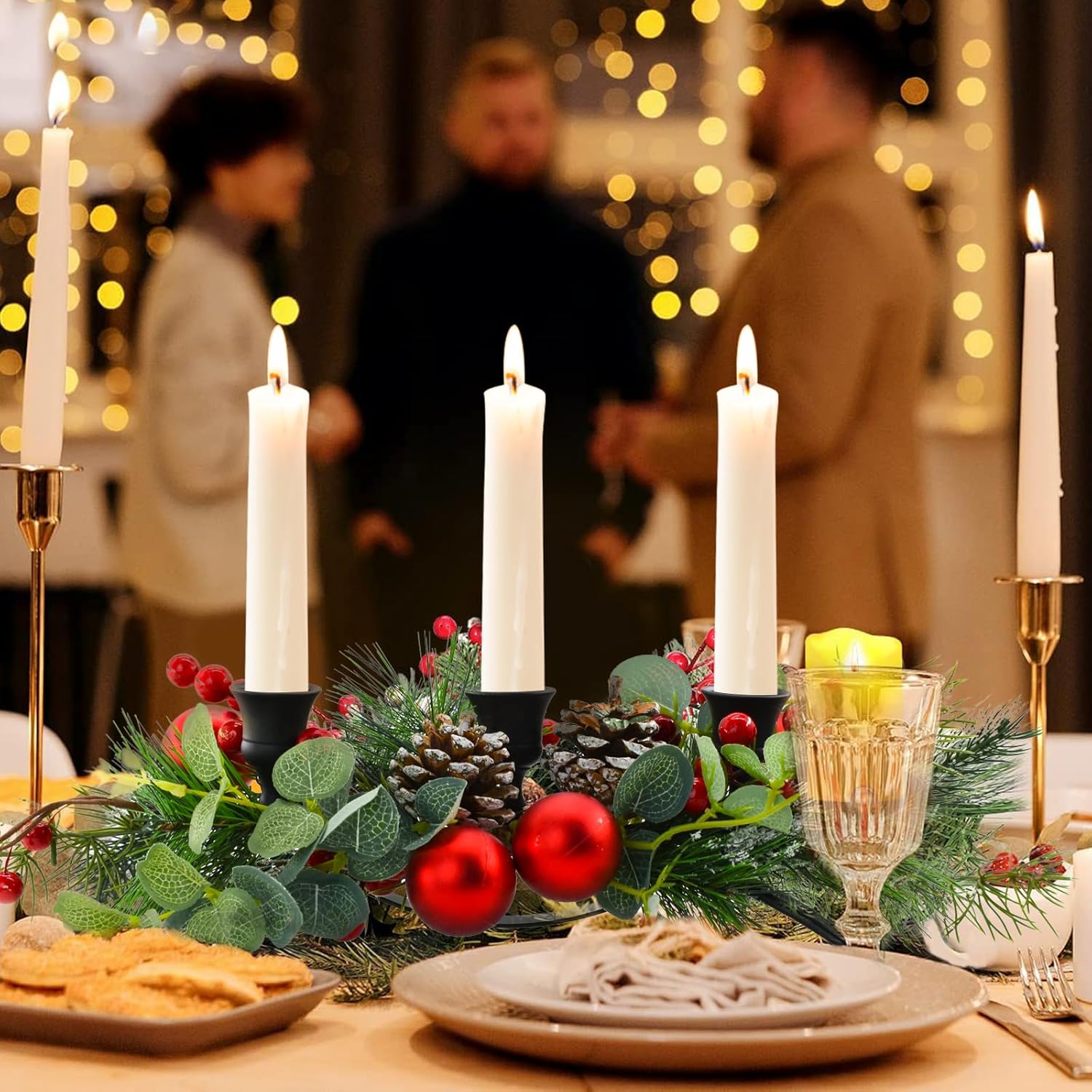 MrMrKura Christmas Tabletop Centerpiece - 3 Candle Holders with Pine Cones & Red Berries for Dining Room Decor