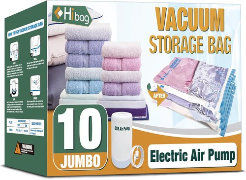 HIBAG Vacuum Storage Bags - Electric Pump Included | Jumbo 10-Pack for Clothes, Pillows & Bedding