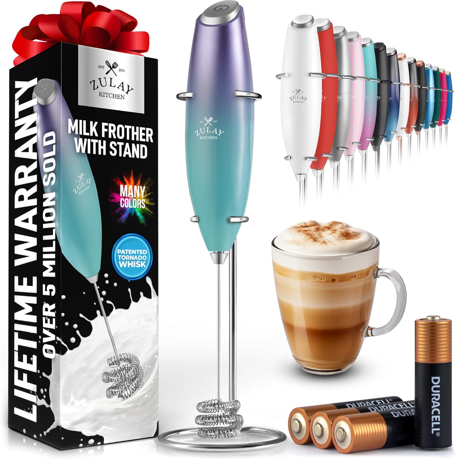Zulay Kitchen Tornado Triple Whisk Milk Frother - Handheld Foam Maker for Coffee & Lattes | Includes 4 Duracell Batteries