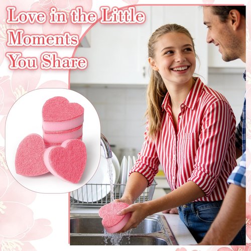 ARCTURINE 12 Pack Heart-Shaped Scrub Sponges Valentine’s Day Gift Dual-Sided Kitchen Scrubber for Sink, Plates, Glassware, Pots & Cookware, Cute Household Cleaning Sponge, Sweet Gift Idea (Pink)