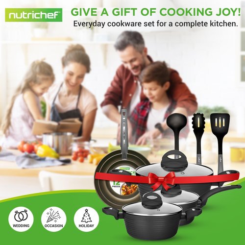NutriChef 12-Piece Nonstick Kitchen Cookware Set - Professional Hard Anodized, Includes Saucepan, Frying Pans, Cooking Pots, Dutch Oven Pot, Lids, Utensils - NCCW12S, Black