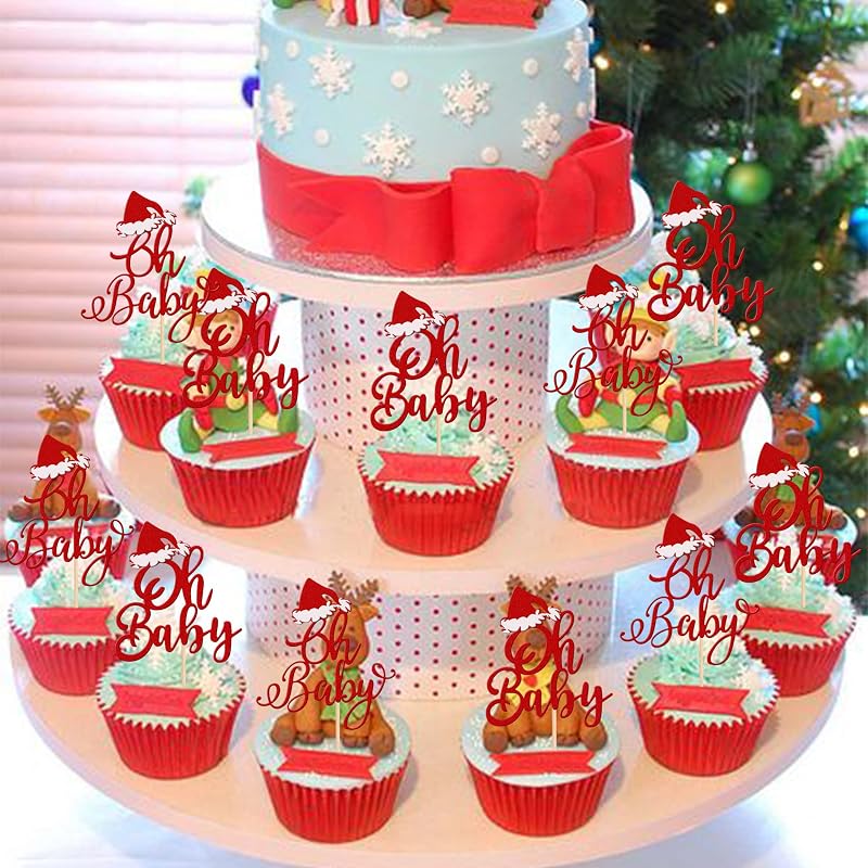 Oh Baby Cupcake Toppers 24 Pcs Red Glitter Santa Hat - Design 6 for Merry Christmas Baby Shower