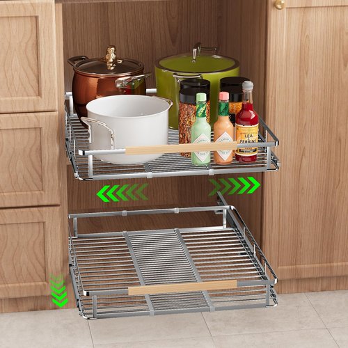 SOFRON Expandable Pull Out Drawers for Cabinets, Kitchen Cabinet Slide Out Shelves, Adjustable Roll Out Drawers, Stainless Steel, Small 2 Pack, (10.5"-16") W * 22.7"D