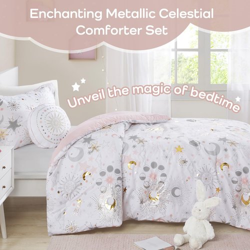 Intelligent Design Kids Full Comforter Set, Celestial Metallic Starry Sky, Moon & Sun Comforters, All Seasons Lightweight & Fluffy Comforter Bed Set, 2 Shams, Celia, Full/Queen, Blush/Gold 4 Piece