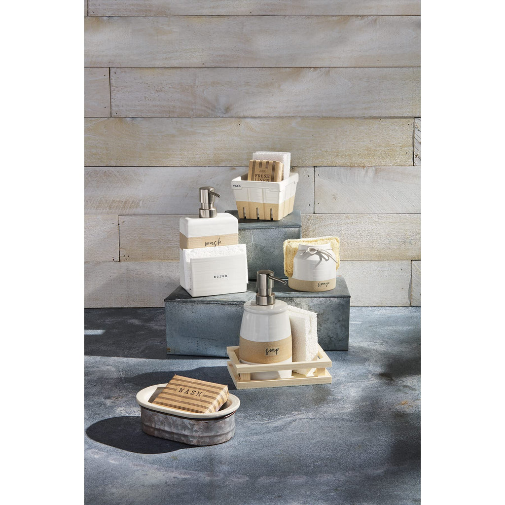 Mud Pie Tin and Stoneware Soap Set, Cream, 4 1/4" x 6 1/2"
