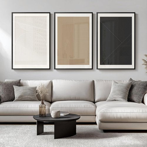 Framed Modern Black and White Abstract Wall Art - Set of 3 Minimalist Canvas Prints | 24x36 Inch for Living Room & Office