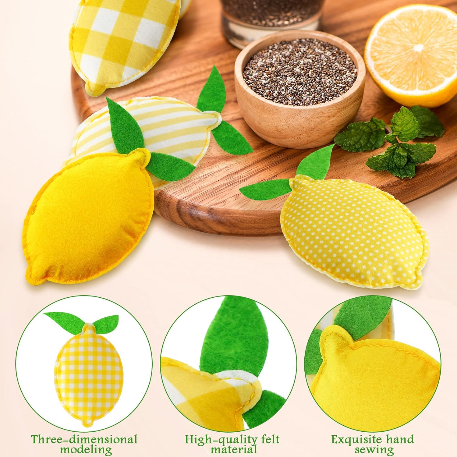Patelai Lemon Tiered Tray Decor - 12 Pcs Stuffed Fabric Lemon Decorations | 5 Inch Rustic Kitchen Accents