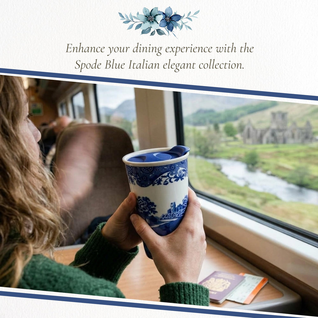 Spode Blue Italian 8oz Porcelain Travel Mug with Lid – Scenic Patterned Drinkware with Decorative Border - Portable Ceramic Coffee Cup for Brunch, Tea, On-the-Go Hot Beverage Moments