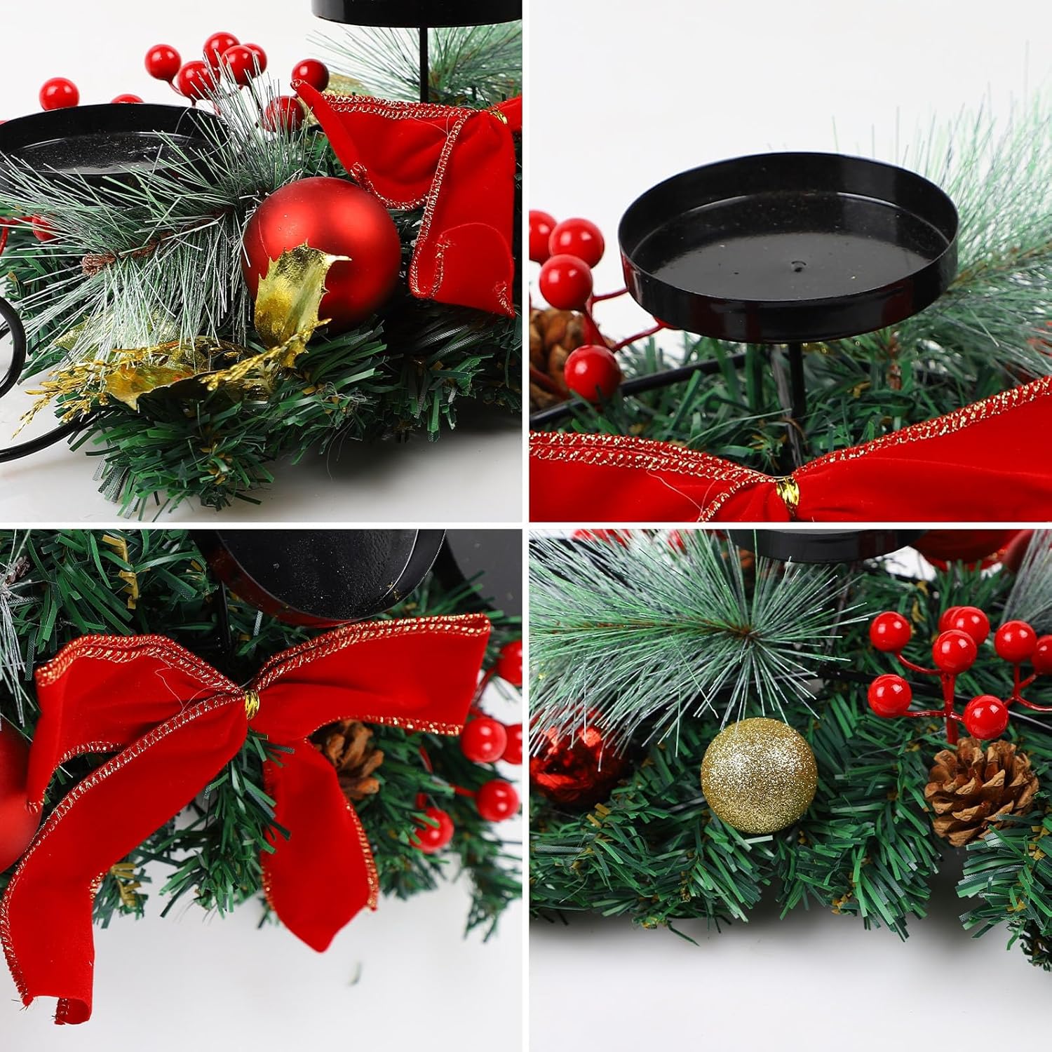 MorTime Christmas Candle Holder - Festive Table Centerpiece with Red Bow, Berries & Pinecones | Steel Base