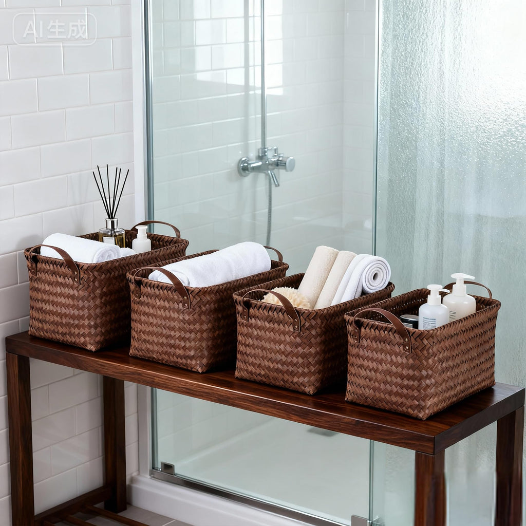Stylave 15L Laundry Baskets Waterproof Storage Baskets For Shelves Large Laundry Hamper With Leather Handle -set of 4 Cube Organizers Woven Bins for Bathroom,Bedroom,Pantry,Clothes,Car & Towels-Brown