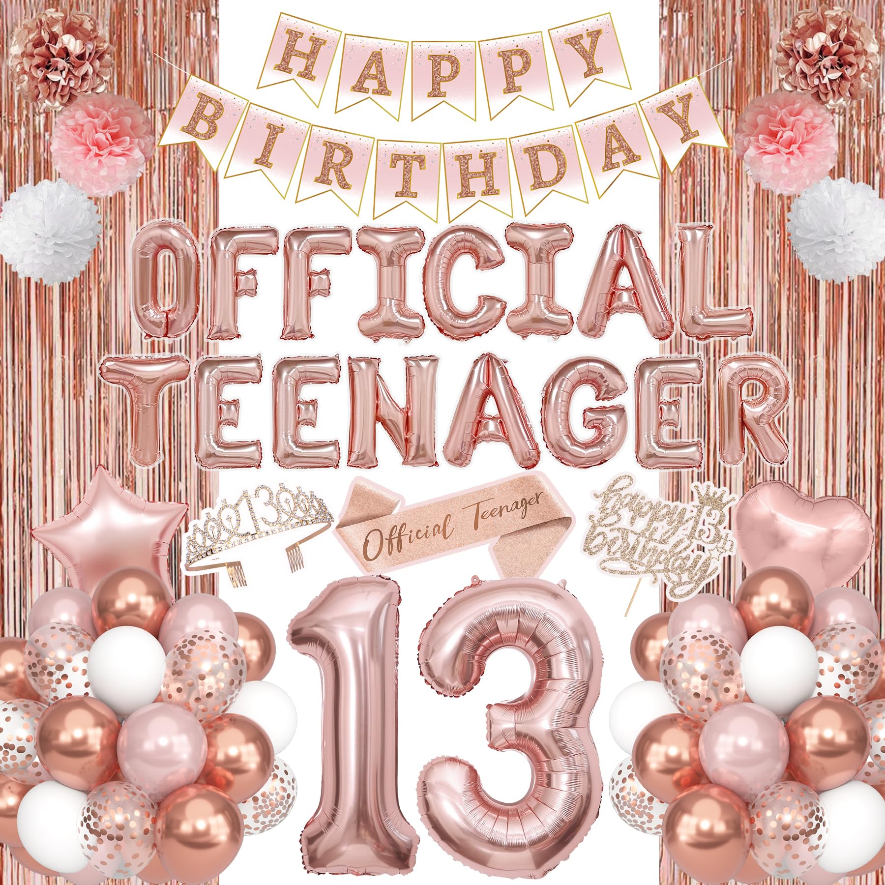 13th Birthday Party Decorations for Girls, Rose Gold Official Teenager Foil Balloons 13th Birthday Banner Fringe Curtain Crown Sash Paper Pompoms Cake Topper for 13 Year Old Girls Party Favor Supplies