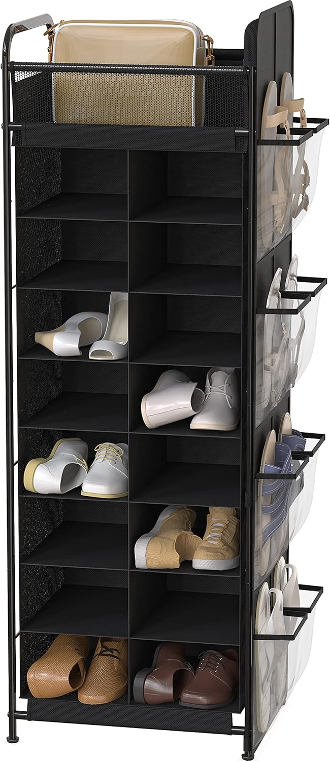 Simple Houseware 16-Cube Shoe Stand Tower Rack - 8-Tier Design with Top Shelf & Side Pockets, Black