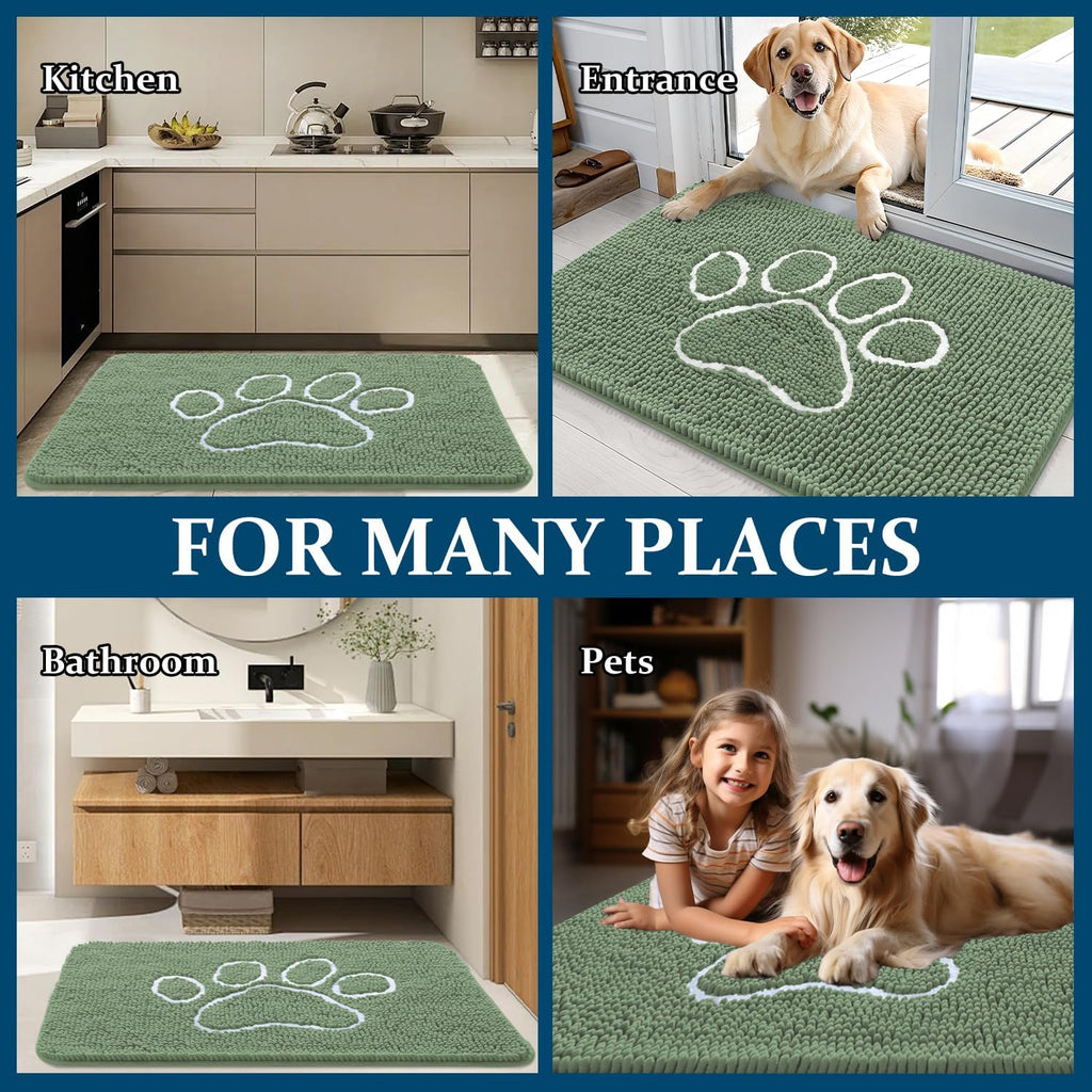 OLANLY Dog Door Mat - Muddy Paws Absorbent Non-Slip Chenille Doormat | 36x24, Olive Green & White