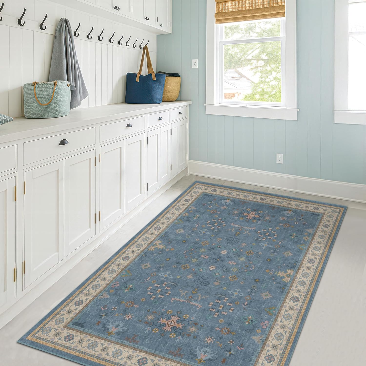 Washable 3x6 Throw Rug - Blue Non-Slip Indoor Rug for Kitchen, Entryway, Bedroom | Boho Modern Décor