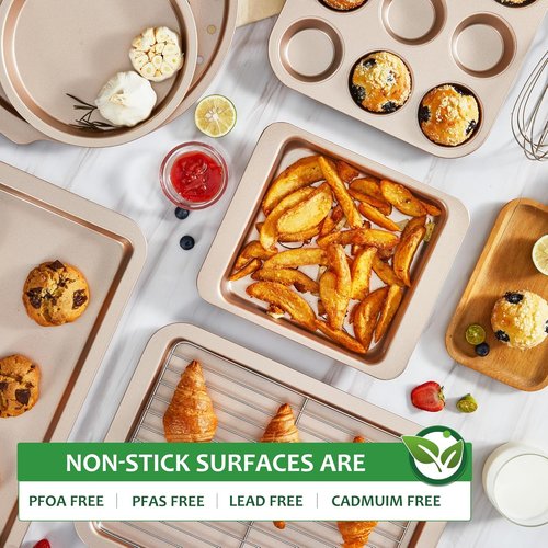 HONGBAKE 10-Piece Nonstick Bakeware Set - Versatile Kitchen Pans with Wider Grips | Champagne Gold