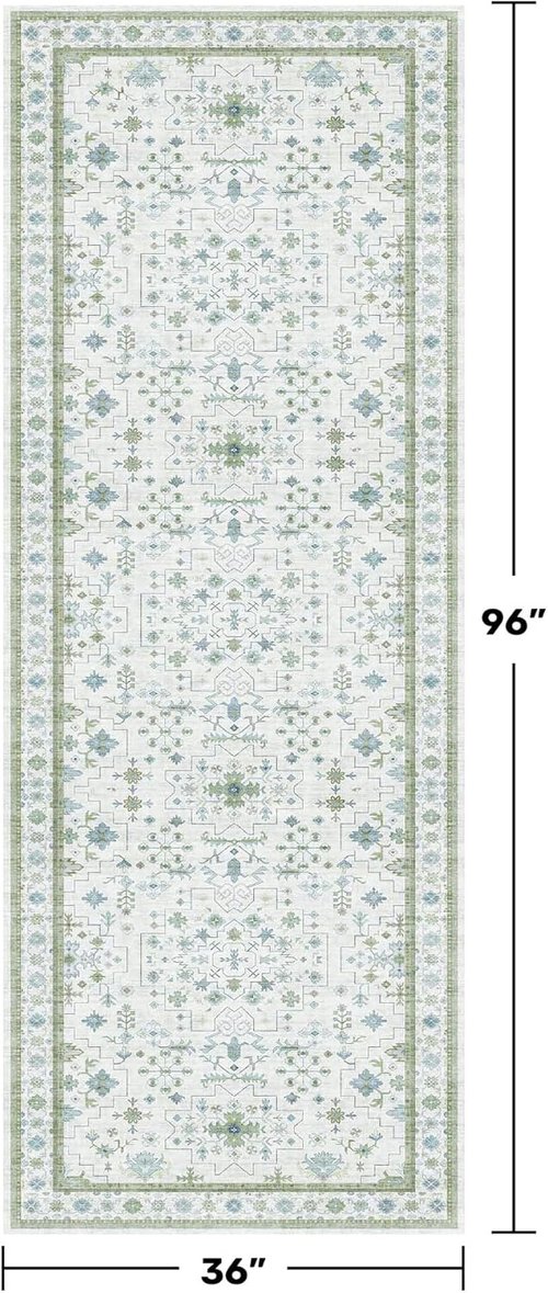 Hazo Haus Turkish 3x8 Wide Hallway Runner - Cream Green Oushak Boho Floral, Washable & Non-Slip Rug