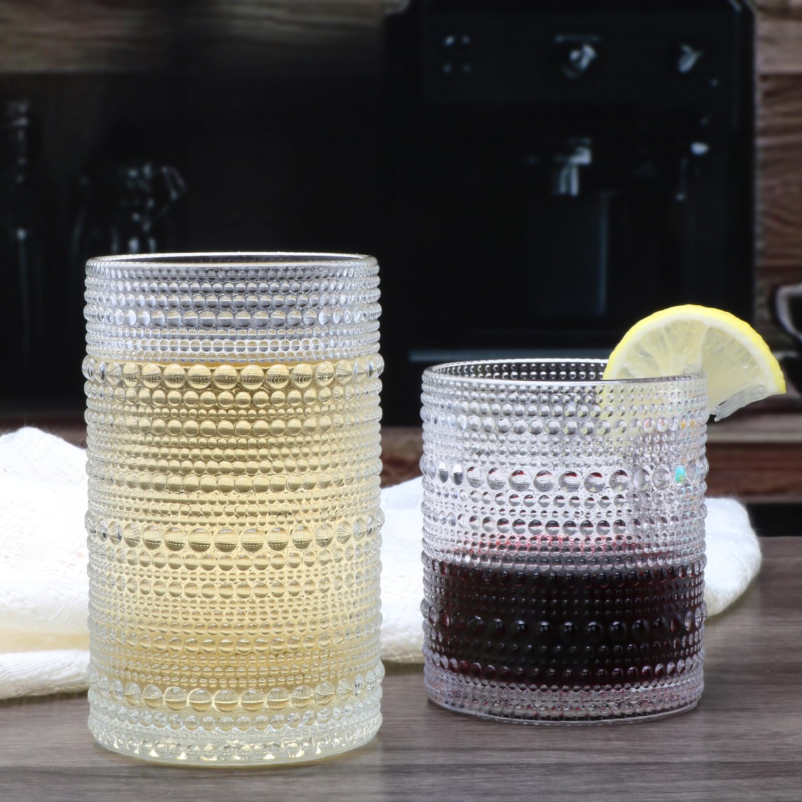 Woaiwo-q Embossed Highball Glasses Set of 12, 10 oz Thick Base Cocktail Drinking Glasses, 12 oz Clear Glassware Set, Glass Cups for Whiskey, Juice, Water, Home Bar & Kitchen, Dishwasher Safe