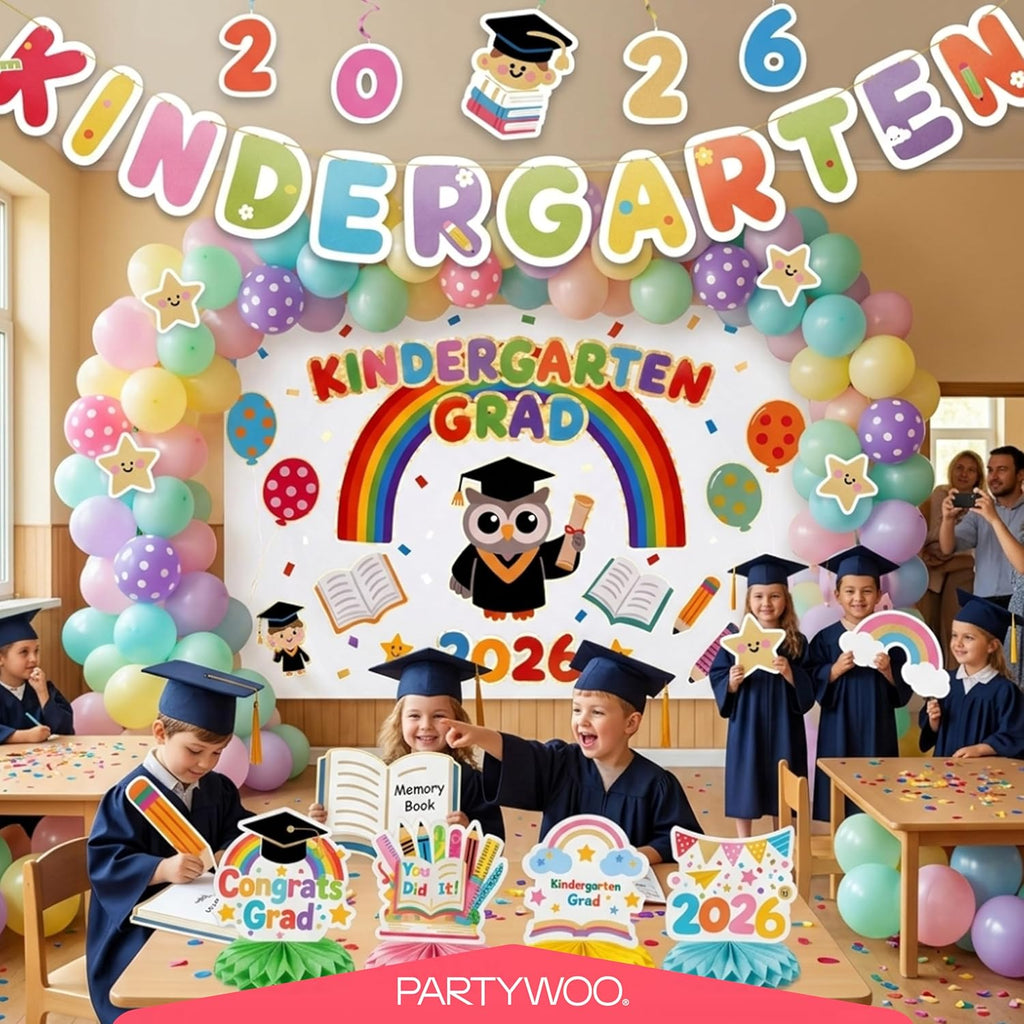 PartyWoo Graduation Decorations 2026 - Colorful Rainbow Party Supplies with Backdrop, Balloons & Centerpieces