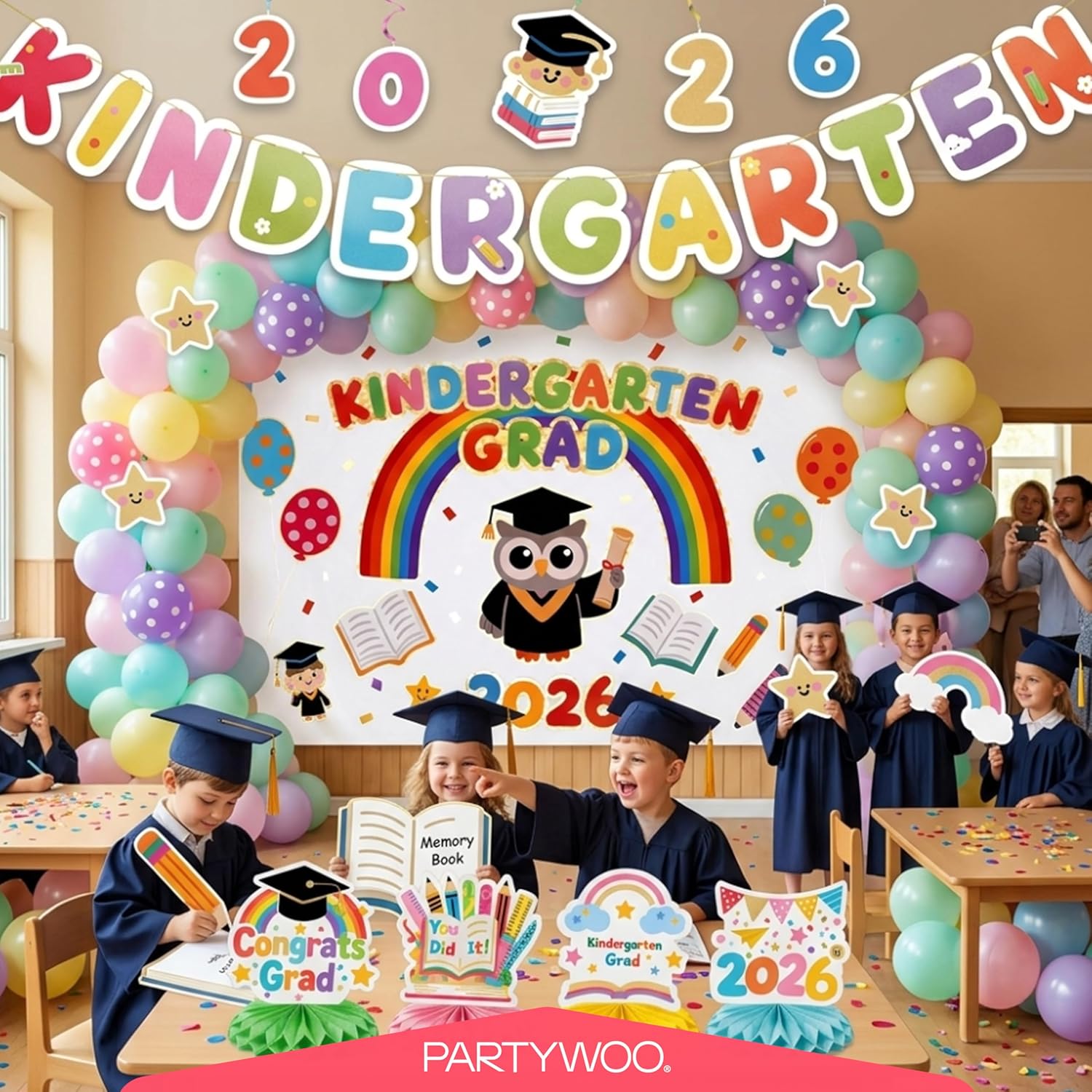 PartyWoo Graduation Decorations 2026 - Colorful Rainbow Party Supplies with Backdrop, Balloons & Centerpieces