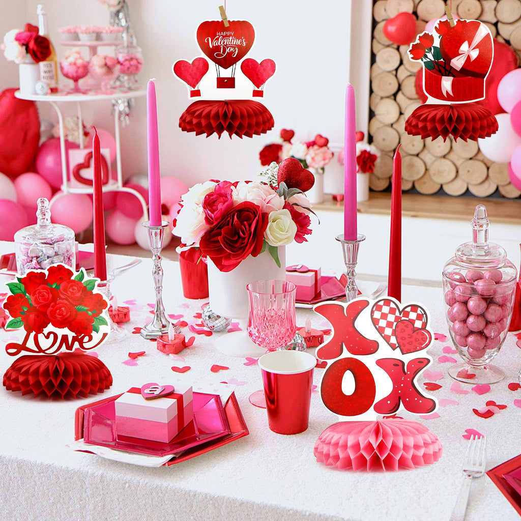 Valentines Day Honeycomb Centerpieces for Tables, 9Pcs Valentines Table Decorations Honeycomb Centerpiece, Red Heart 3D Centerpiece Table Decoration for Birthday Home Valentine's Party Decor Supplies
