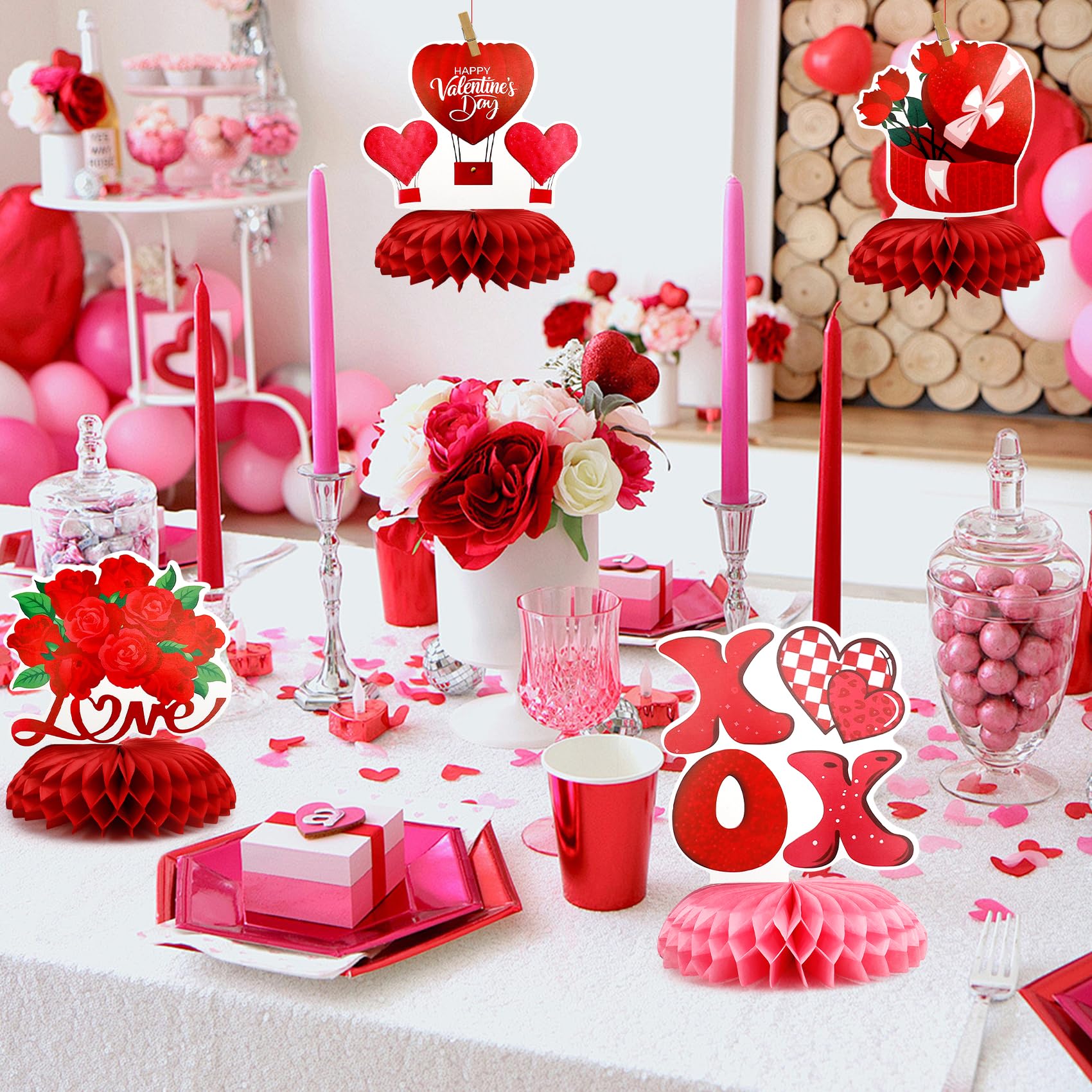 Valentines Day Honeycomb Centerpieces for Tables, 9Pcs Valentines Table Decorations Honeycomb Centerpiece, Red Heart 3D Centerpiece Table Decoration for Birthday Home Valentine's Party Decor Supplies