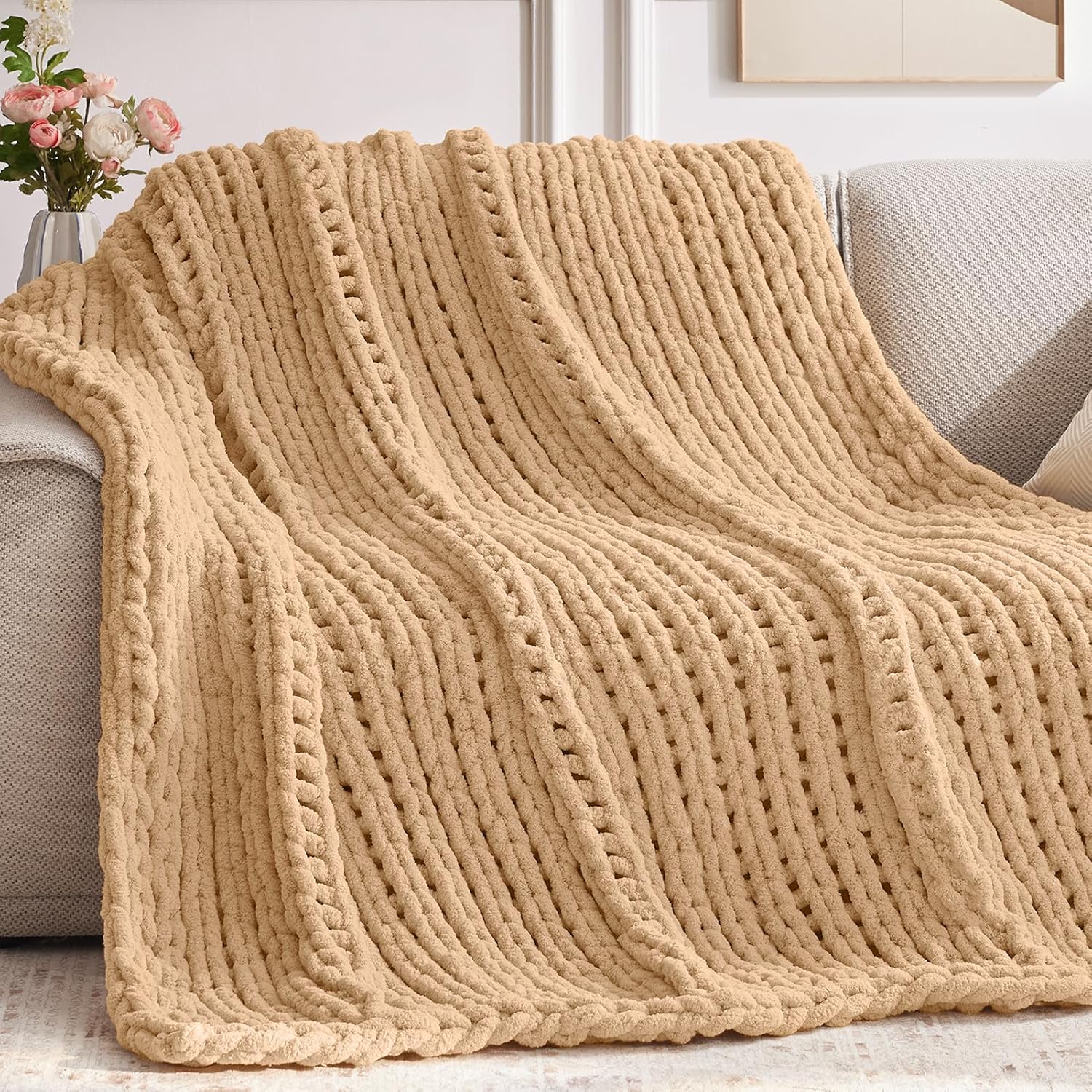 Negwoo Chunky Knit Throw Blanket - Handmade Beige Chenille Yarn | Soft & Comfy 30'' x 40'' Size for Home Decor