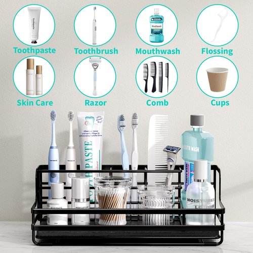 HapiRm Toothbrush Holder - 5-Partition Bathroom Organizer with Instant Drying Stone | Black Stainless Steel