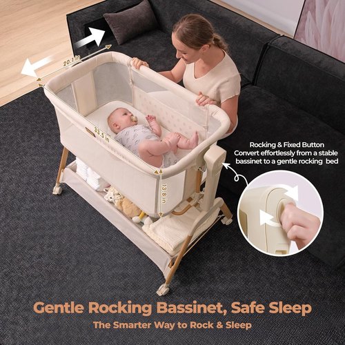 Ezebaby Baby Bassinet - 3-in-1 Rocking Bedside Sleeper with Breathable Full-Mesh Crib | 6 Height Adjustable, Portable with Lockable Wheels
