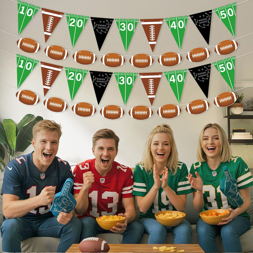 4pcs Football Party Decorations Pre-Strung Football Hanging Garland Triangle Flags Banner for Sports Themed Baby Shower Birthday Party Decorations