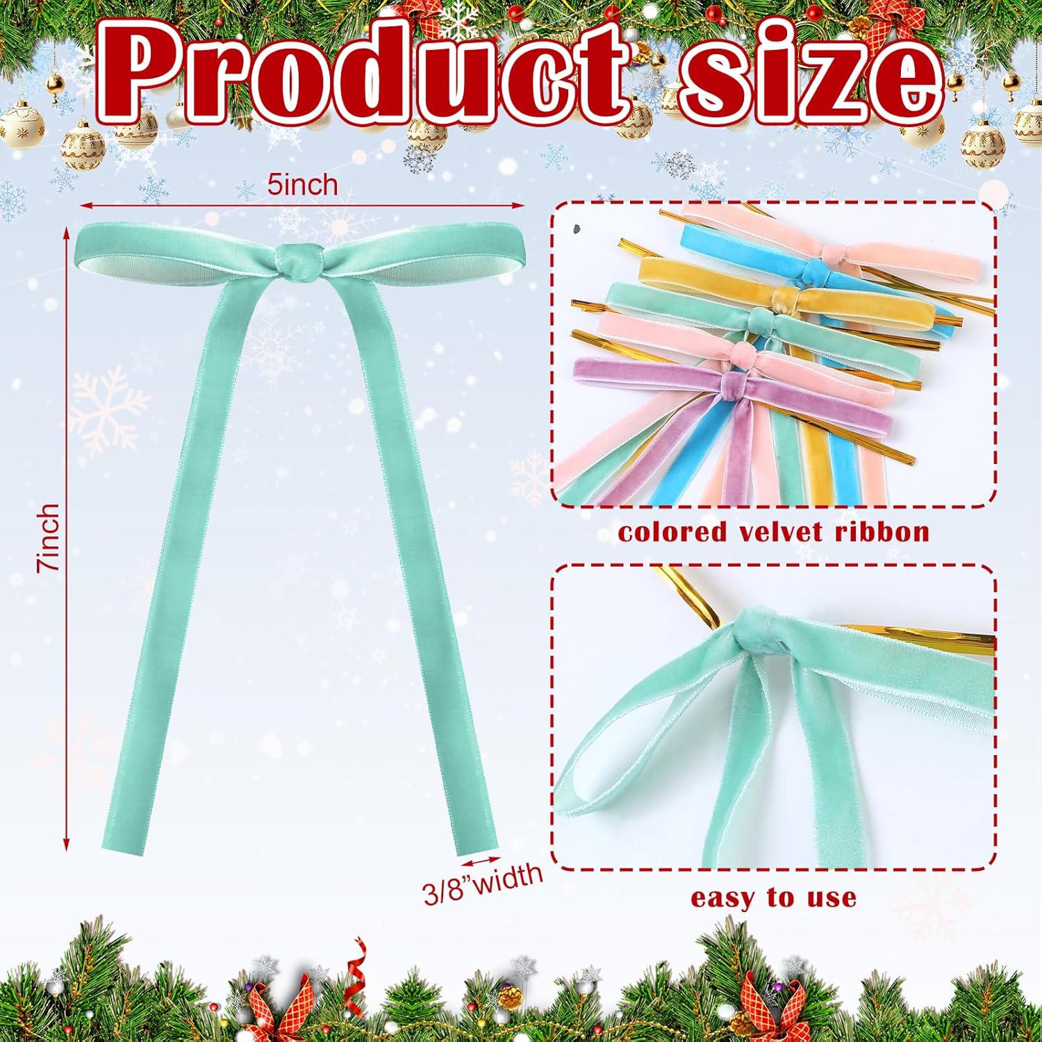 Skiennix 24 Pcs Velvet Bows - Vintage Ribbon Bows for Christmas Tree & Crafts | Pastel Rainbow (5 x 7 Inch)