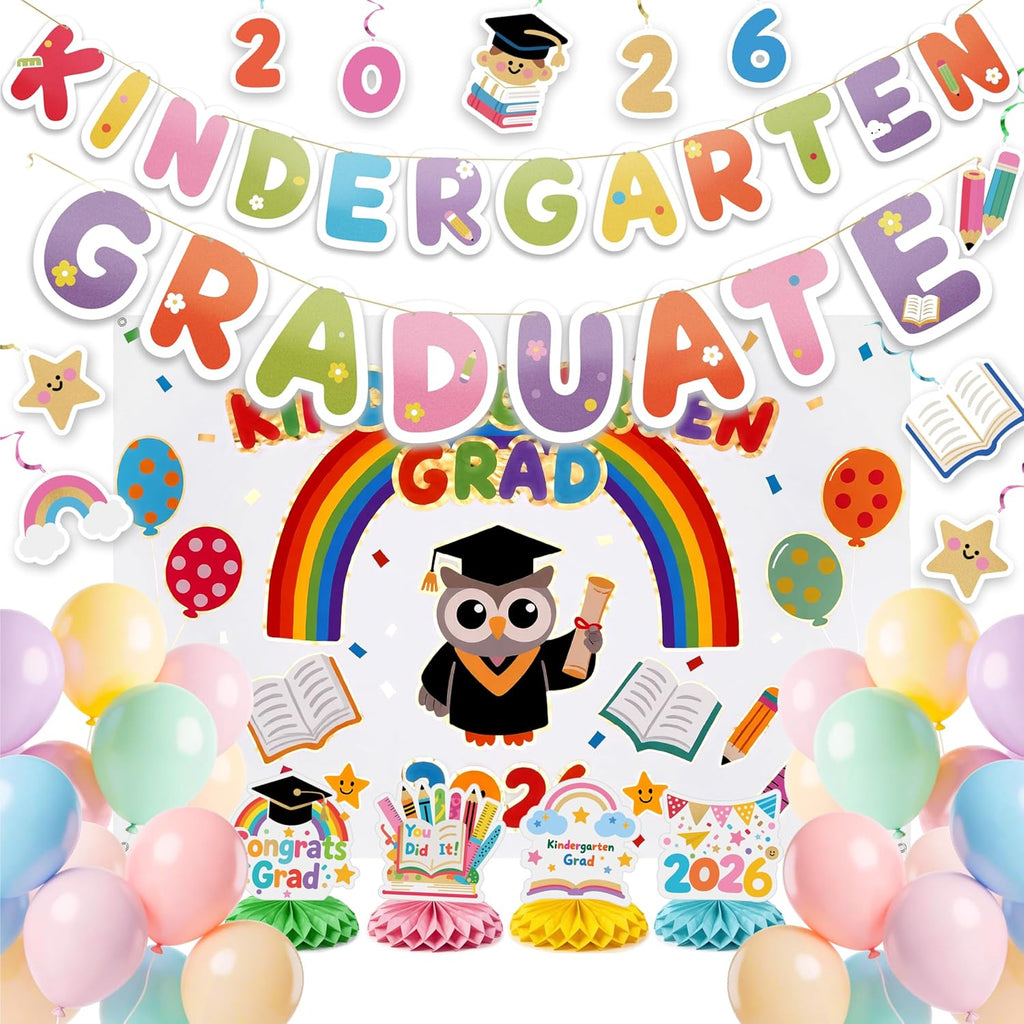 PartyWoo Graduation Decorations 2026 - Colorful Rainbow Party Supplies with Backdrop, Balloons & Centerpieces
