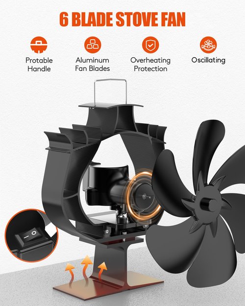 HIDALIFE Oscillating Wood Stove Fan - Heat Powered 6 Blade Auto-Spin & 60° Rotation for Wood/Pellet/Coal Stoves,Big Size Fireplace Burner Fan - Silent Operation,Overheat Protection