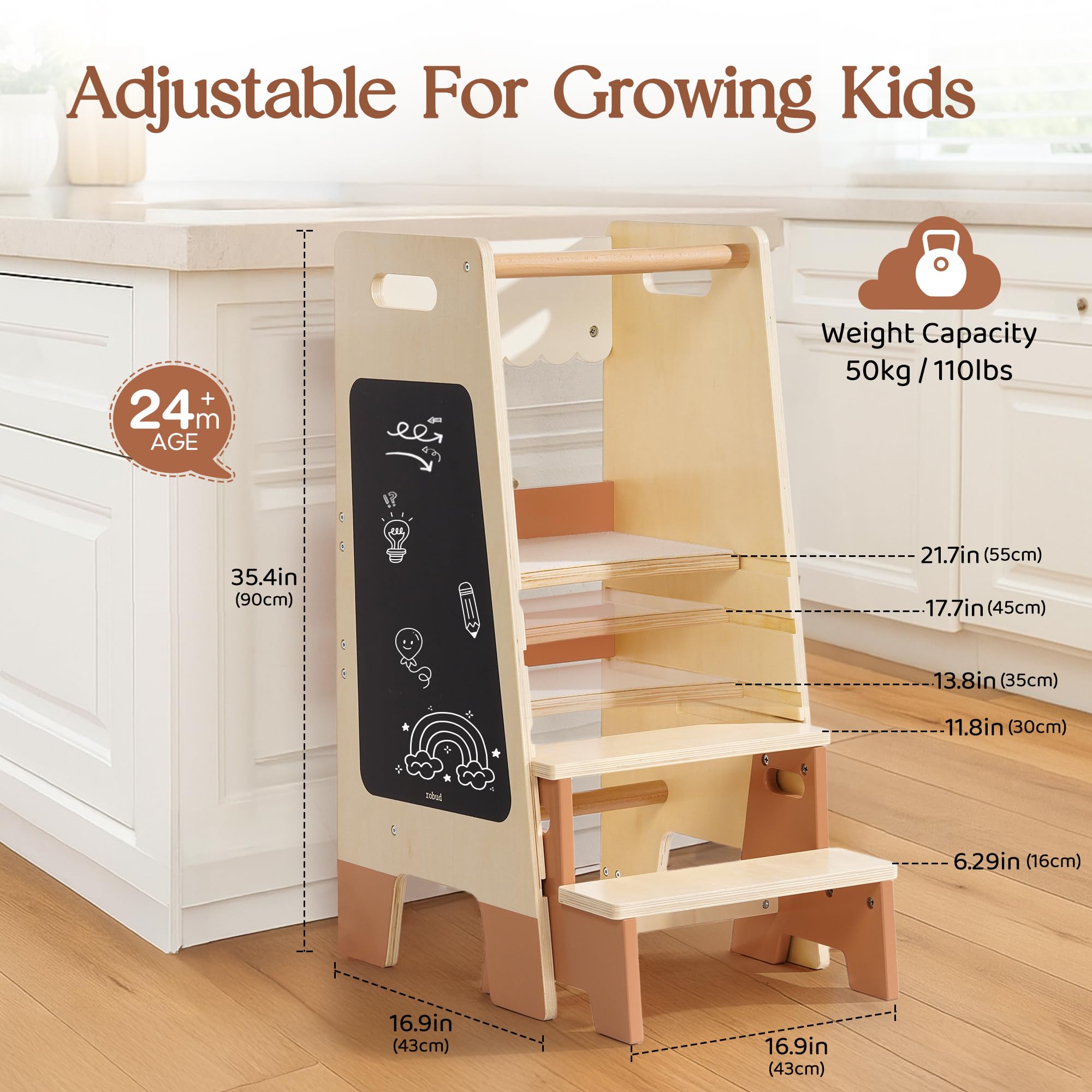 ROBOTIME Toddler Standing Tower, Learning Tower with Step Stool Set, 2-in-1 for Kids, Adjustable Height Toddler Tower for Kitchen & Bathroom, Learning Tower with Blackboard for 2 Year Old