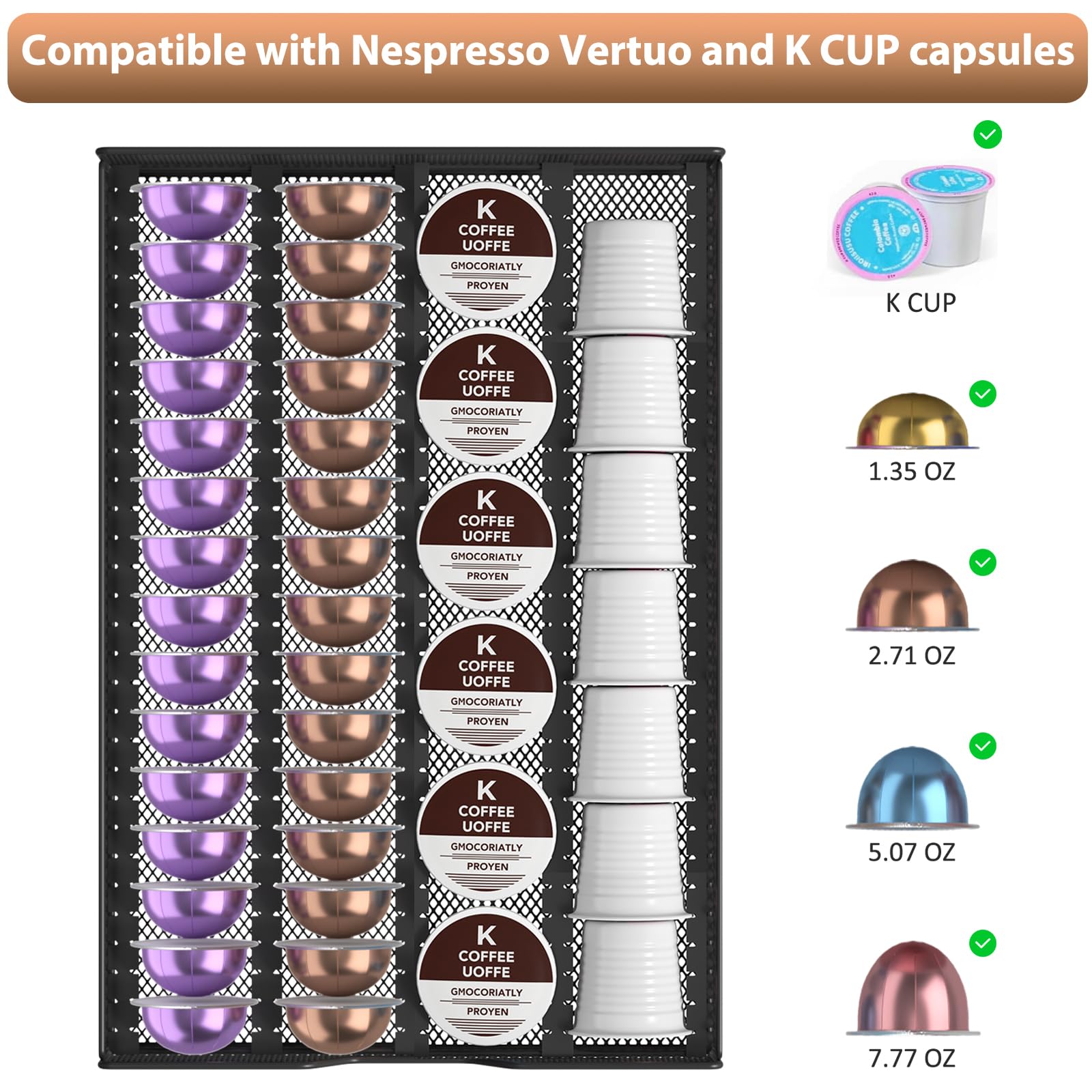 ECOLOVI Nespresso Pods Holder, K Cup Holder, Coffee Pod Holder Organizer Compatible with Nespresso Vertuo Capsules, Holds 60 Small or 40 Large Pods, Black