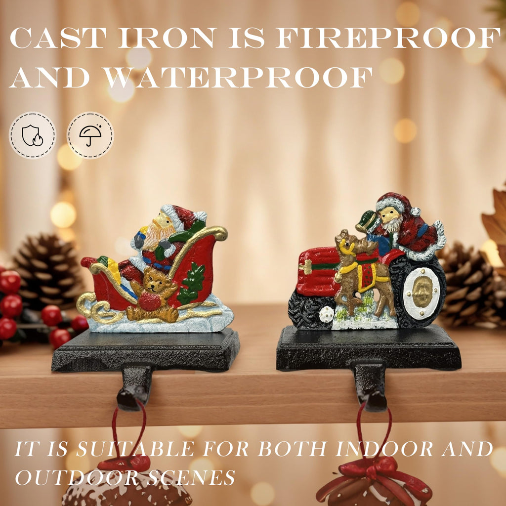 Linton Arts 2 Pack Cast Iron Christmas Stocking Holders for Mantle, Santa Claus Weighted Stocking Holder with Non-Slip Base, Vintage Ornament Hooks (Christmas Stocking Holders)