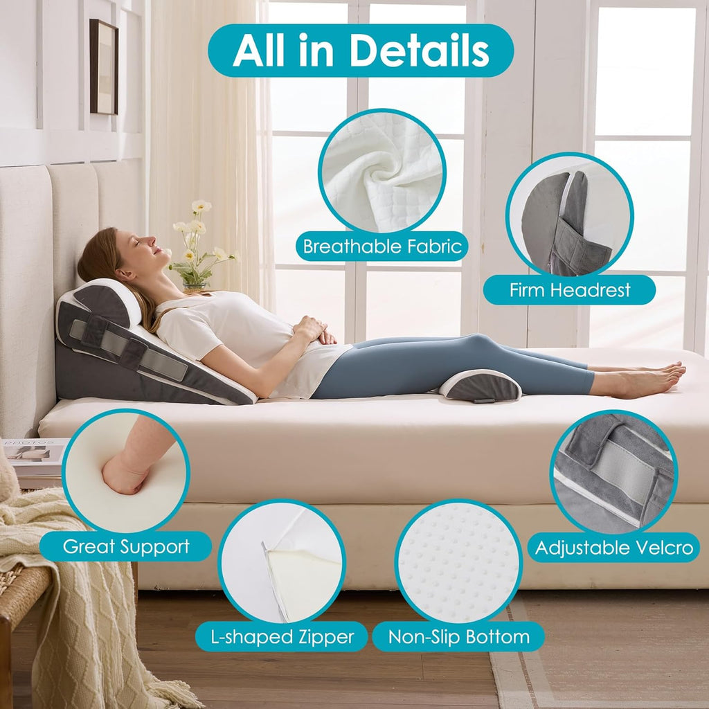 Skiennix Wedge Pillow Set - Adjustable Memory Foam for Acid Reflux Relief | 3-Piece Bed Wedge Pillows in White & Grey