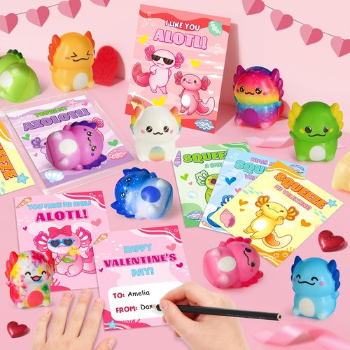 24 Packs Valentines Day Cards for Kids School with Axolotl Slow Rising PU Squishy Toys, Valentines Day Gifts for Kids, Kawaii Squeeze Toys for Boys Girls, Ideal Valentine Party Favor, Classroom Prizes