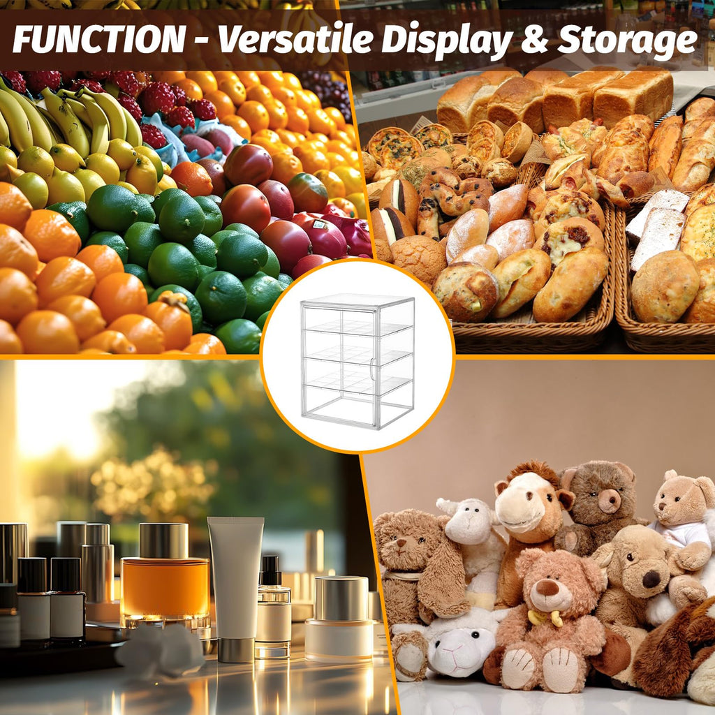 2PCS Pastry Display Case,Large Bakery Cookie Display Stand for Kitchen Countertop,4 Layers Adjustable Clear Bread Storage with Magnetic Door Bread Box and Cupcake Kitchen Counter 15.5x11.4x9.8 Inch