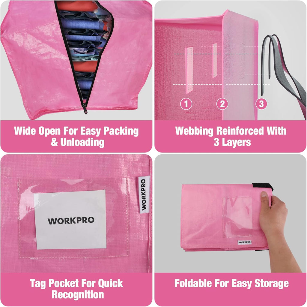 WORKPRO Extra Large Moving Bags - Heavy-Duty Storage Totes with Zippers & Backpack Straps | 6 Pack (Pink)