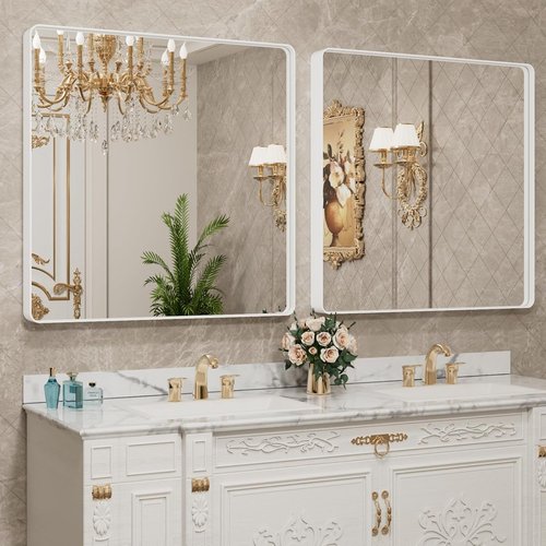 LOAAO White Metal Framed Bathroom Mirror - 36x36 Inch Large Rounded Rectangle | Anti-Rust Tempered Glass