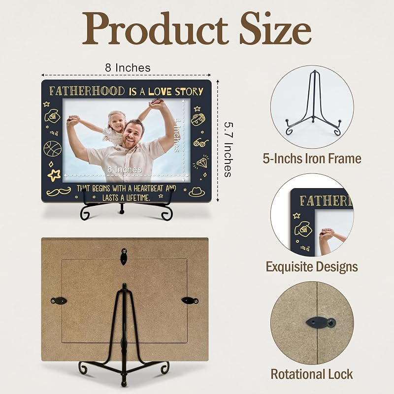 Dad Photo Frame - Wooden 6x4 inch Display with Iron Stand, Father’s Day Gift