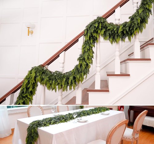 6FT Extra Full Christmas Garland Real Touch Delux Cedar Garland Christmas Decorations Lush Realistic Winter Pine Garland for Mantle, Table, Stairs, Railing, Fireplace Indoor Outdoor Holiday Xmas Decor