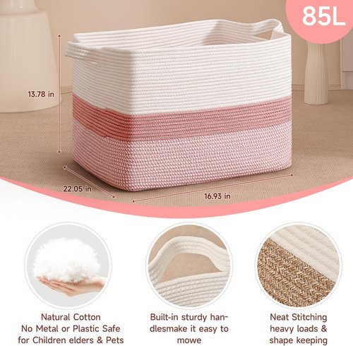 CLHMILY&Z Stylish Square Cotton Rope Storage Basket - Pink & White, 85L Capacity