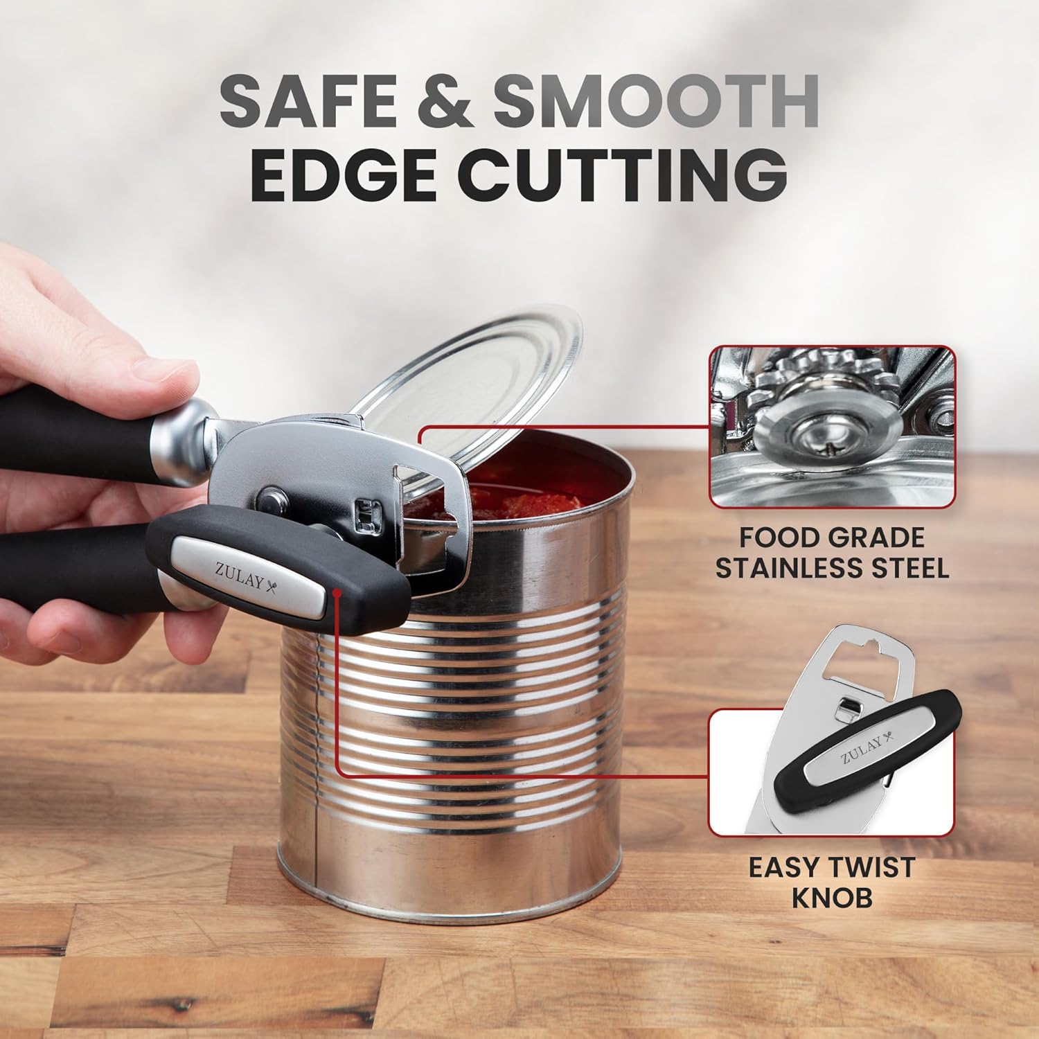 Zulay Kitchen COMFY™ Can Opener - Rust-Proof Stainless Steel with Soft Grip Handles - Black