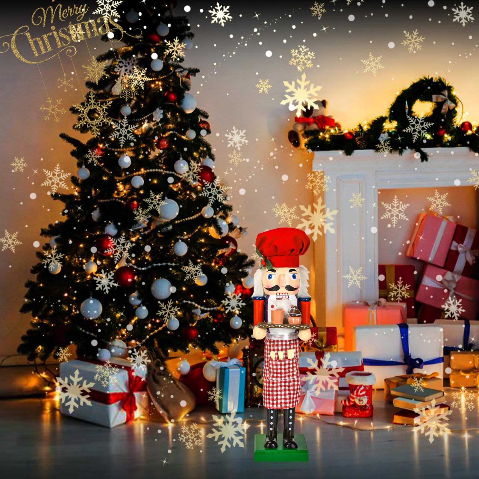 WODICY Christmas Nutcracker Décor Figures, 15 inches Chef Wooden Nutcracker Ornaments with Cup Cake and Chef hat for Kitchen Shelves Tabletop Festival Decorations Gift