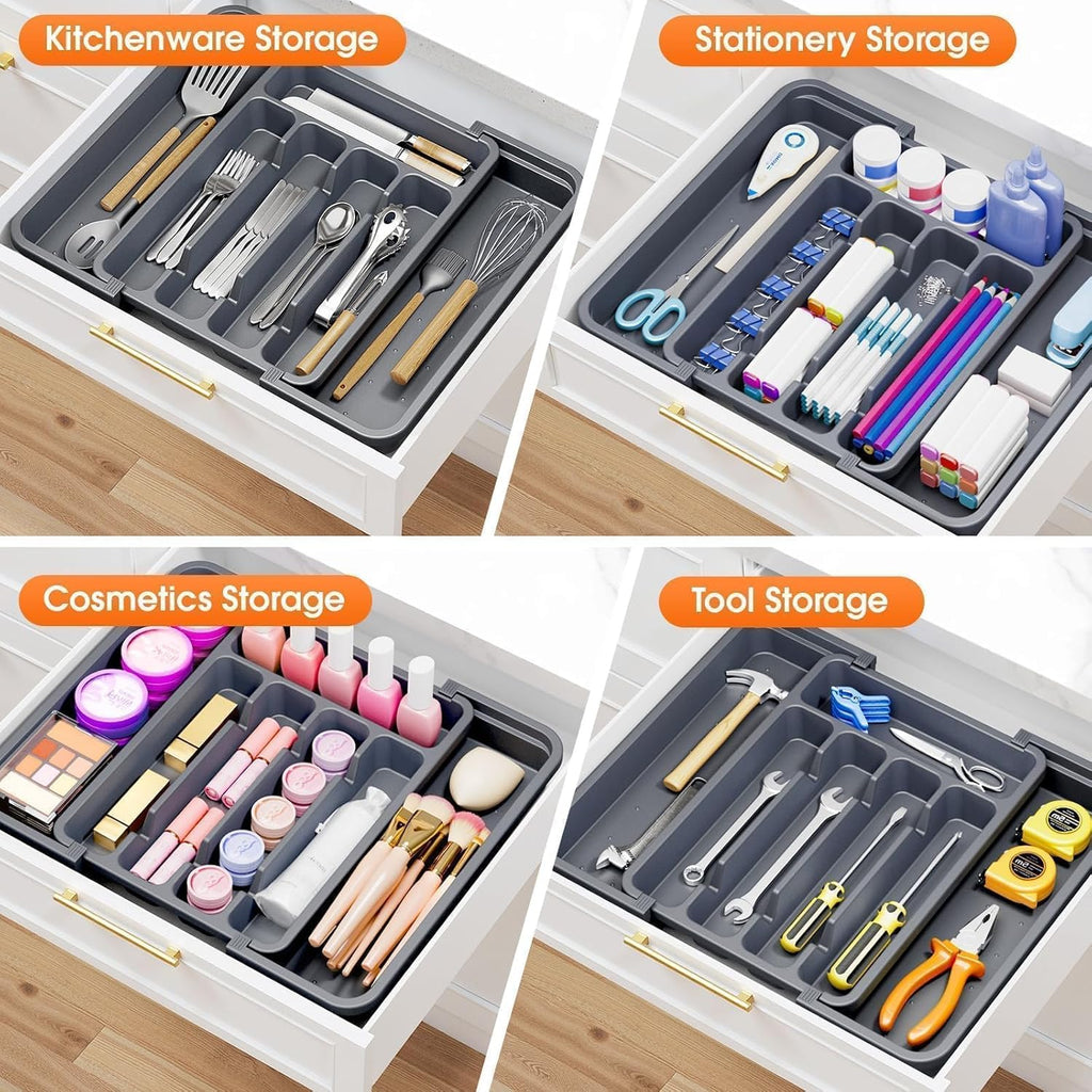 SpaceHacks Silverware Organizer - Adjustable & Expandable Utensil Drawer Holder | BPA-Free Cutlery Tray in Medium Grey