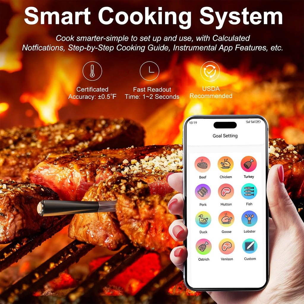 Wireless Meat Thermometer Digital with 800ft Remote Range, Bluetooth 5.3 Wireless Thermometer for Cooking with Ambient Temperature and App Alert for Oven BBQ Grilling Smoking