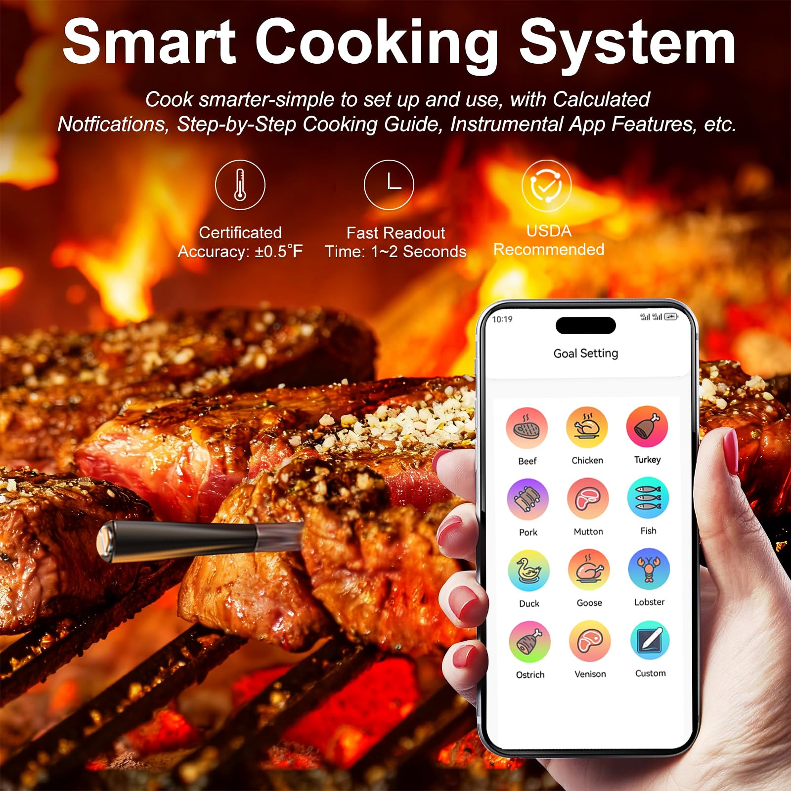 Wireless Meat Thermometer Digital with 800ft Remote Range, Bluetooth 5.3 Wireless Thermometer for Cooking with Ambient Temperature and App Alert for Oven BBQ Grilling Smoking